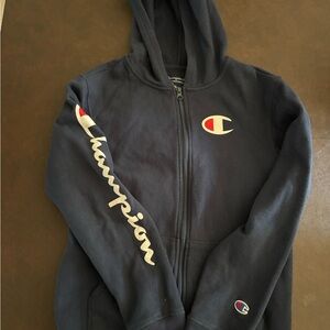 Champion Blue Zip-Up Hoodie with Logo and Script